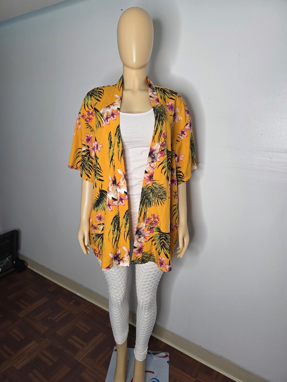 SHEIN Yellow Floral Kimono with Green and Pink Accents Size 1X